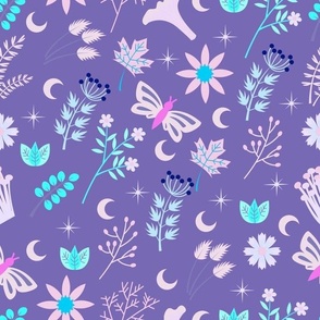Pastel Cottagecore, Moths, Flowers, Leaves, Plants, Mushrooms, and Moons - Lavender Colorway