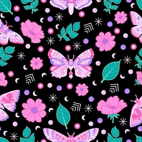 Pastel Cottagecore Pink Moths and Daisies - Black Colorway