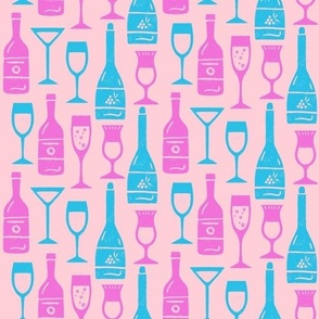 Toast of Happiness: Bottles & Glasses in Blue & Purple on  Pink (S)