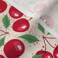 Red cherries on a beige background. Summer pattern with cherries.