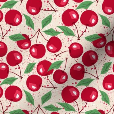 Red cherries on a beige background. Summer pattern with cherries.