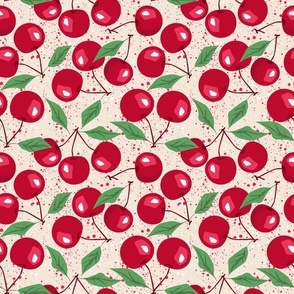 Red cherries on a beige background. Summer pattern with cherries.