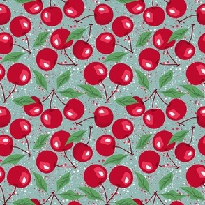 Red cherries on a turquoise background. Summer pattern with cherries.