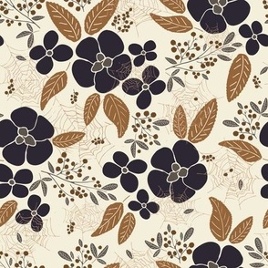 Flowers, leaves, berries and cobweb in forest floral design - eggplant violet, brown on beige background