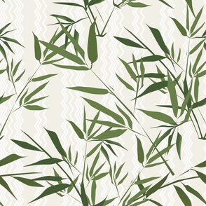 Bamboo. Green bamboo branches on a beige background with white stripes.