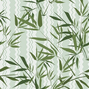 Bamboo. Green bamboo branches on a mint background with white stripes.