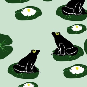 Frogs sitting on Lily Pads with a light Green Background