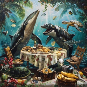 Happy whales have a picnic in the ocean of a fantastic universe!