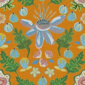 fun painted florals on orange - whimsical folk flowers - medium size