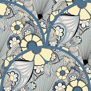 24” French Country Florals Tangle Yellow Art Deco Scallop - Large