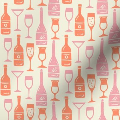 Toast of Happiness: Bottles & Glasses in  Pink & Orange on Cream (S)