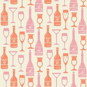 Toast of Happiness: Bottles & Glasses in  Pink & Orange on Cream (S)