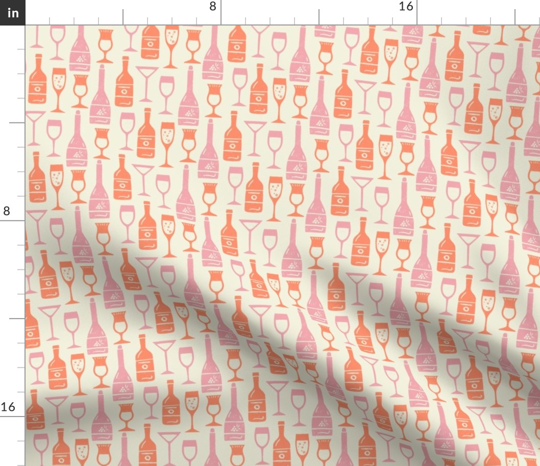 Toast of Happiness: Bottles & Glasses in  Pink & Orange on Cream (S)