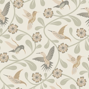 IMPROVED Tranquil Vines and Hummingbirds in Neutral Tones // large // nature, science, beige, tan, green decor