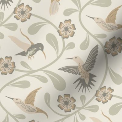 IMPROVED Tranquil Vines and Hummingbirds in Neutral Tones // medium // nature, science, beige, tan, green decor