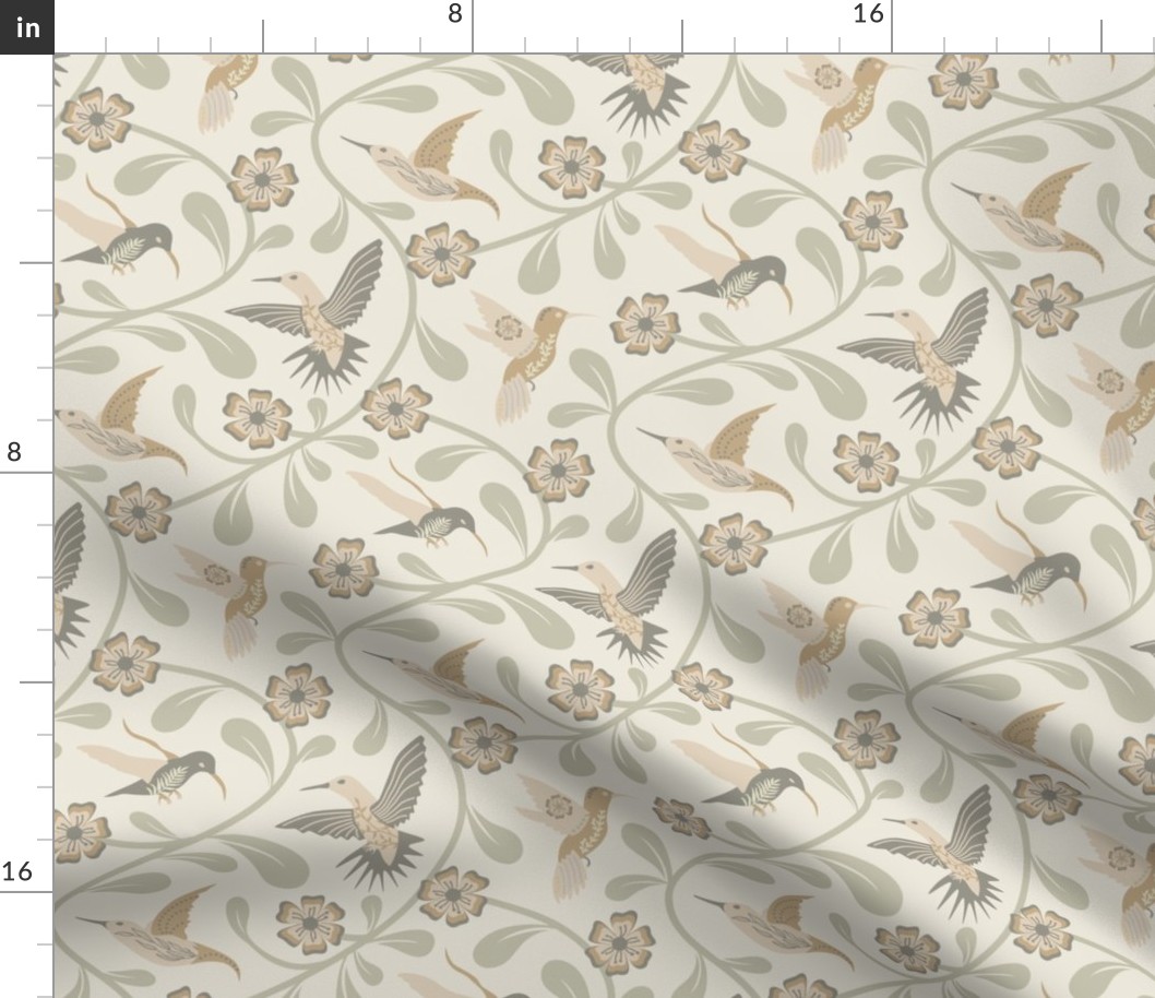 IMPROVED Tranquil Vines and Hummingbirds in Neutral Tones // medium // nature, science, beige, tan, green decor