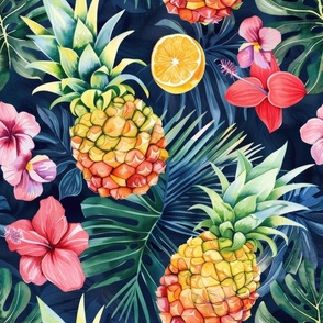 Tropical Pineapples and Hibiscus Flowers