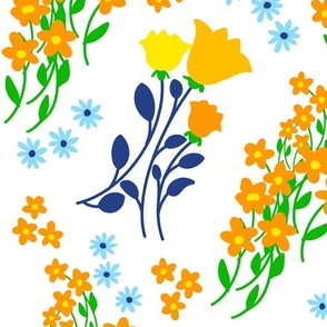 Collegiate Flowers Orange And Blues Scattered On White Big 90’s Retro Modern Scandi Swedish Cheerful Cottagecore Coastal Granny Grandmillennial Dorm Bold Colorful Tulips Phlox Floral Repeat Pattern