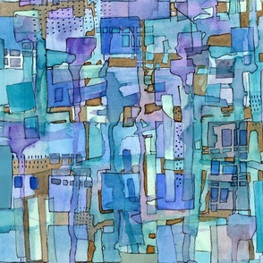 (L) Urban Mosaic Watercolor and Ink Messy Batik Inspired Abstract Purple, Turquoise, Blue and Brown