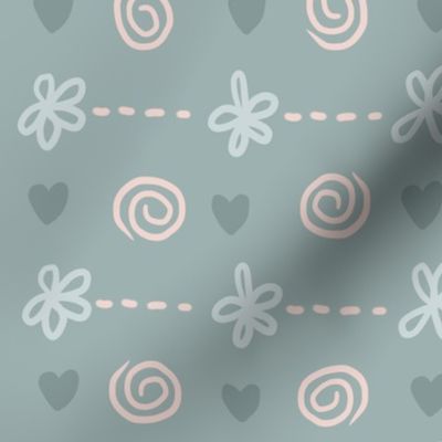 (L)Sage Green Flowers Hearts And Swirls