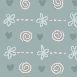 Sage Green Flowers Hearts And Swirls