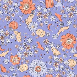 Halloween Magic Vintage Fall Floral Blues Orange by Jac Slade