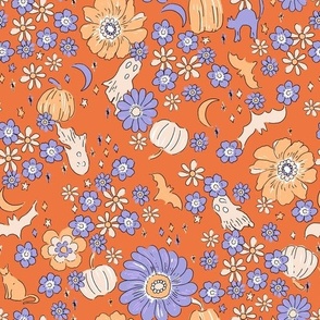 Halloween Magic Vintage Fall Floral Pumpkin Orange Blue by Jac Slade