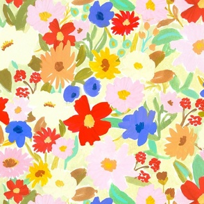 Colorful Hand-Painted Floral with Red, Blue, Pink, Cream, Yellow, and Orange