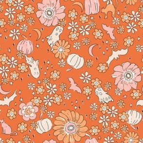 Halloween Magic Vintage Fall Floral Pumpkin Orange Pink by Jac Slade