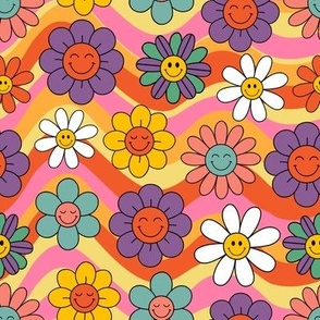colorful smiling flowers on a rainbow background