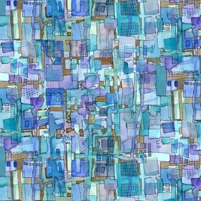 (M) Urban Mosaic Watercolor and Ink Messy Batik Inspired Abstract Purple, Turquoise, Blue and Brown