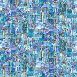 (S) Urban Mosaic Watercolor and Ink Messy Batik Inspired Abstract Purple, Turquoise, Blue and Brown