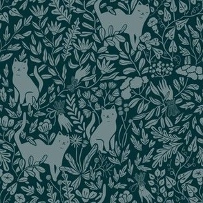 Victorian cats and summer flowers. Floral grey.