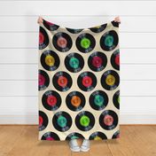 Spin the vinyl records vintage style on linen with retro labels. Music and tunes on albums and 45s Smaller scale