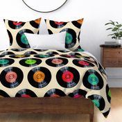 Spin the vinyl records vintage style on linen with retro labels. Music and tunes on albums and 45s Smaller scale