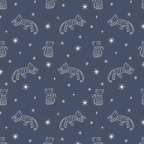 Sleepy leopard cubs and stars, white outlines on navy blue