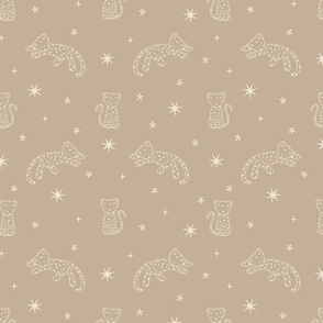 Sleepy leopard cubs and stars, cream white outlines on beige