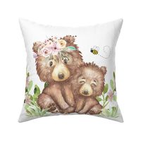 Pink Floral Woodland Animals Bear and Baby Girl Nursery Bedding Pillow Bee Ladybug Greenery 