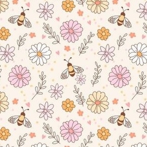 tiny bees and flowers in pastel on beige