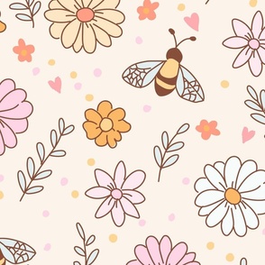 xl bees and flowers in pastel on beige
