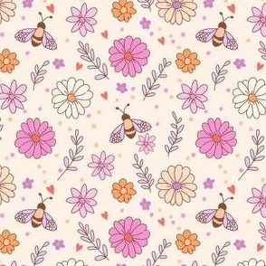 tiny bees and flowers in bright purple