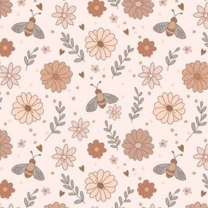 tiny bees and flowers in muted pink brown