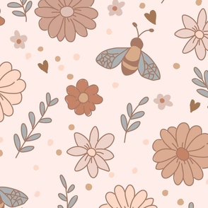 xl bees and flowers in muted pink brown