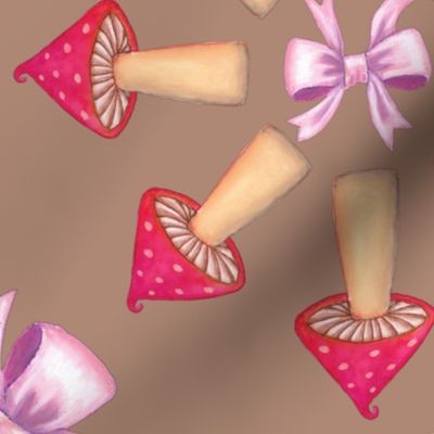 Red mushrooms and pink bows on brown