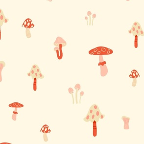 Red Polka Dot Watercolour Woodland Mushrooms on Cream - Small
