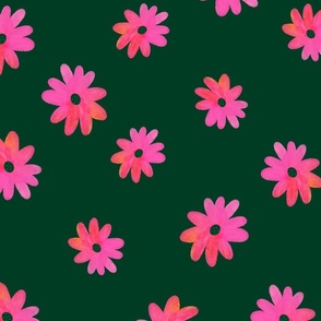 Bright Pink Tropical  Watercolour Flowers on Dark Green - Large