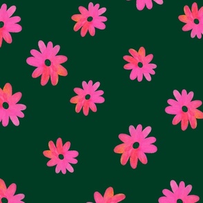 Pink Tropical Flowers on Dark Green - Large