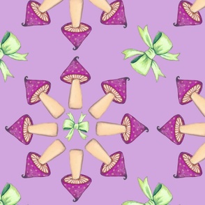 Purple mushrooms in geometric pattern, with green bows on lilac background