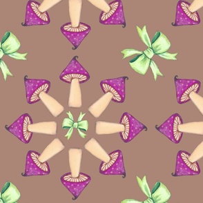 Purple mushrooms and green bows on mocha background