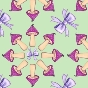 Purple mushrooms and bows on mint green background